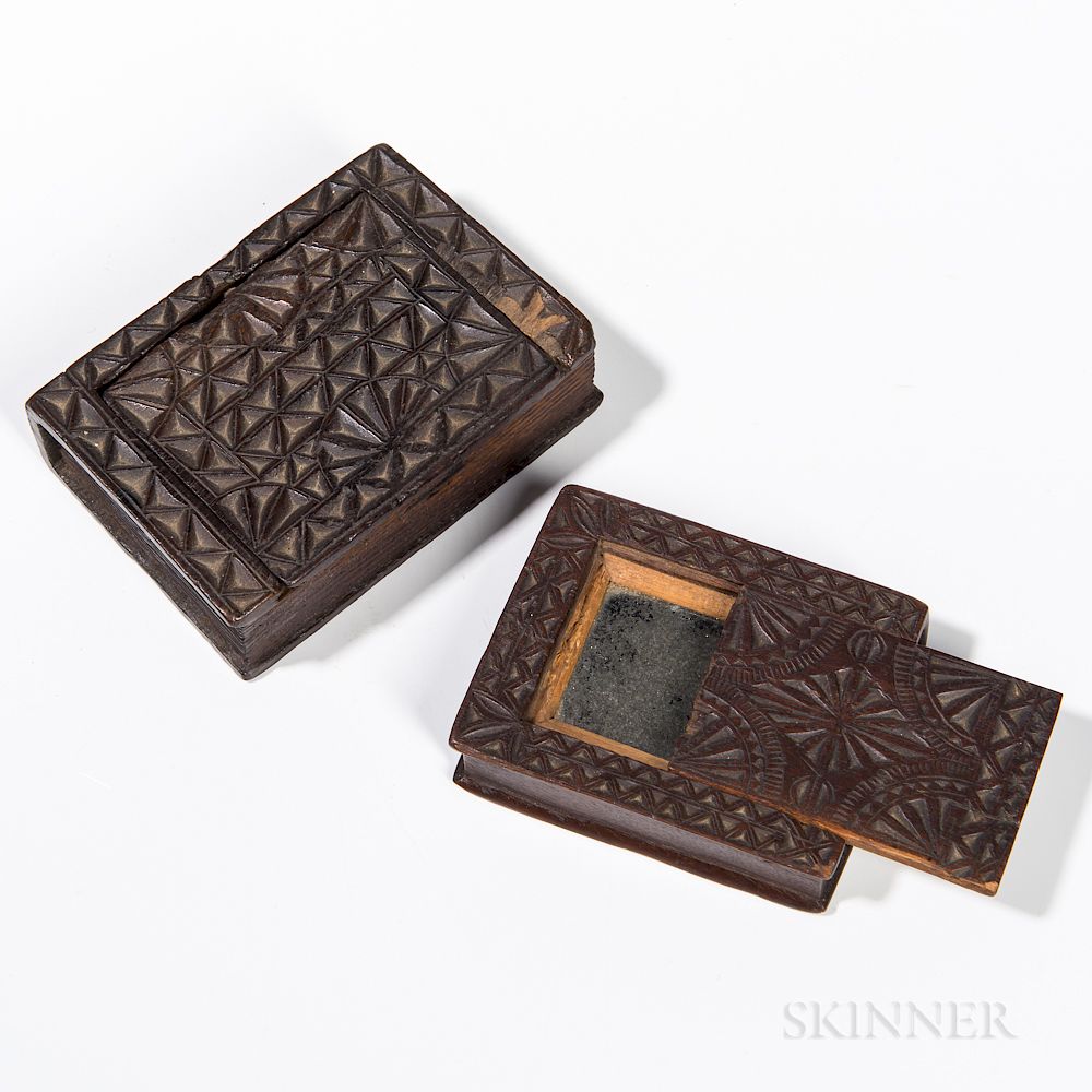 Appraisal: Two Chip-carved Book-form Slide-lid Boxes Two Chip-carved Book-form Slide-lid Boxes