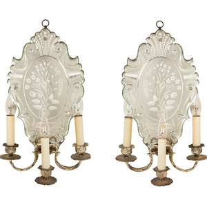 Appraisal: A Pair of Venetian Etched Glass and Silvered Metal Three