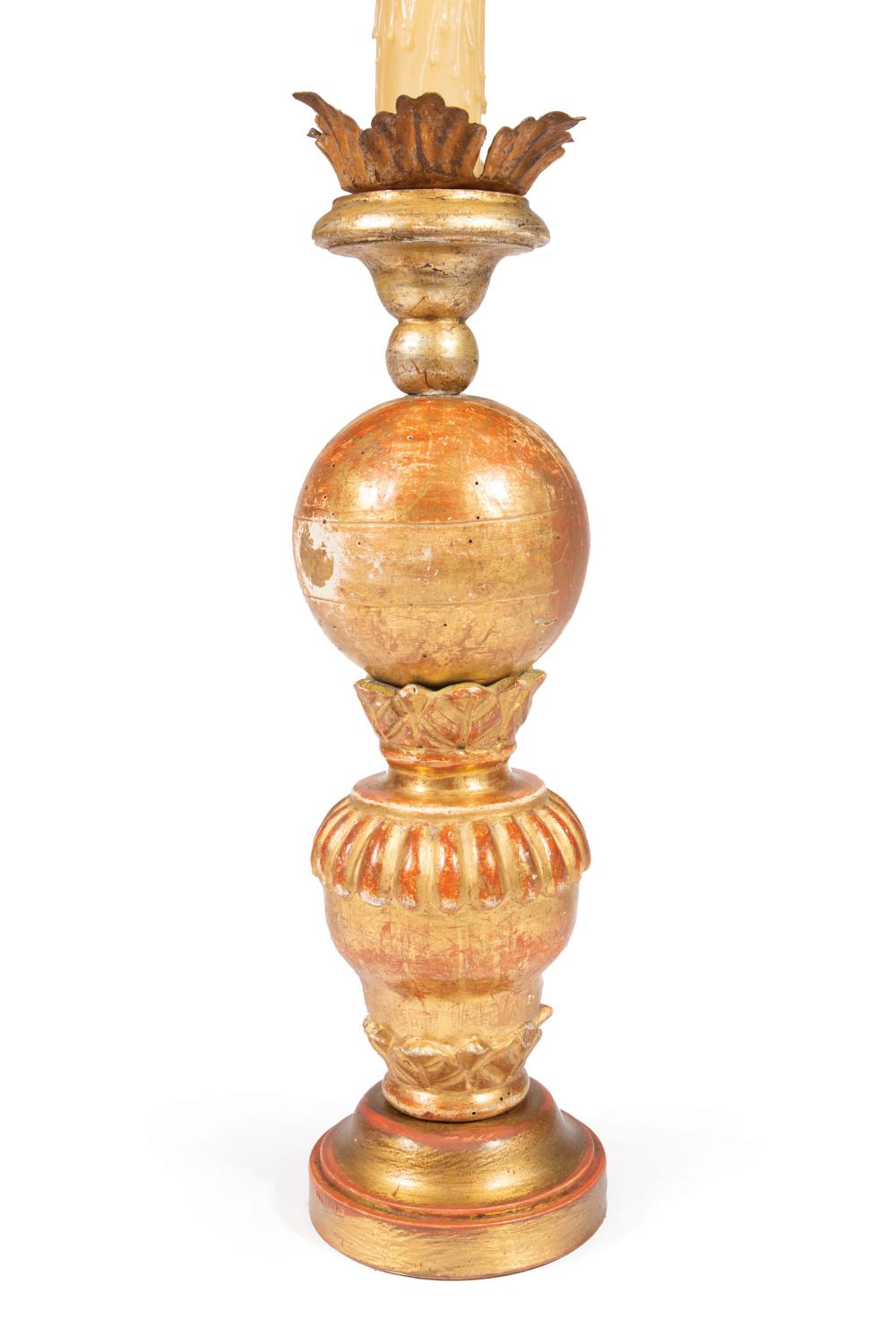 Appraisal: Italian Carved Giltwood Table Lamp vasiform with foliate collars h