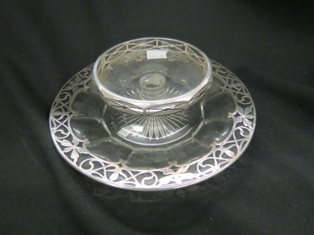 Appraisal: Silver Overlay Glass Chip and Dip Tray excellent