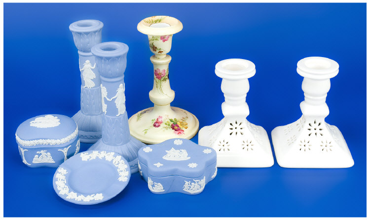 Appraisal: Collection of Five Wedgwood Items including Wedgwood Candlesticks and trinket