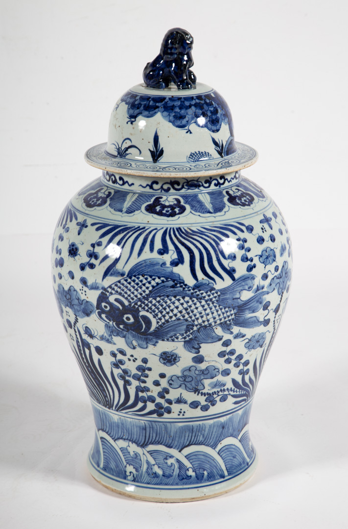 Appraisal: Chinese Export blue and white porcelain jar with carp and