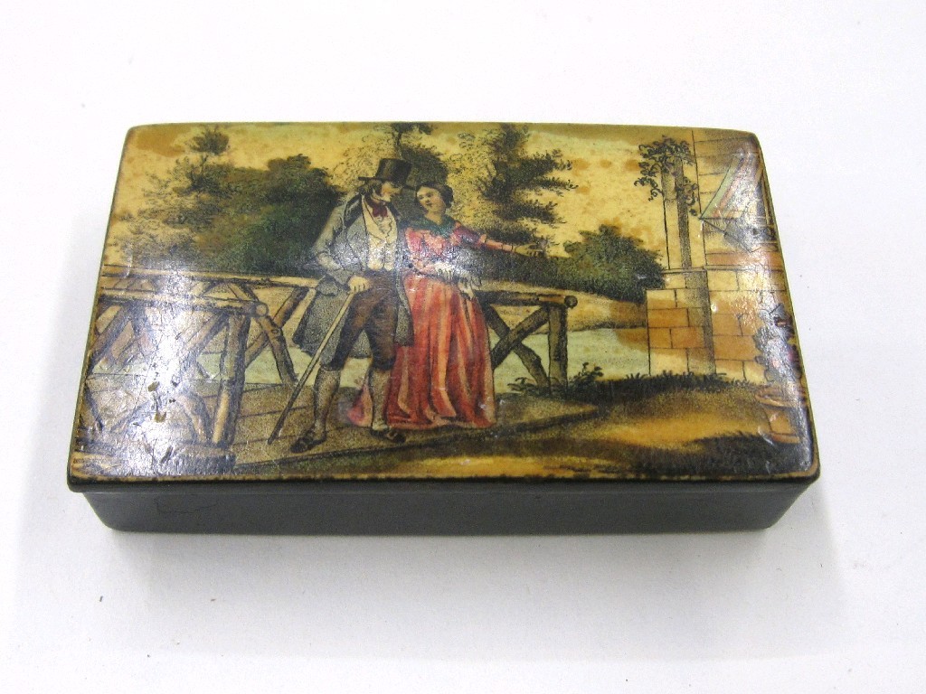 Appraisal: Paper mache snuff box decorated with a Georgian couple crossing