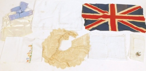 Appraisal: A group of linen and lace comprising Union Jack tablecloths