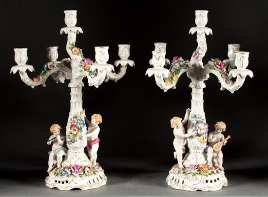 Appraisal: Pair of Schierholz porcelain figural five-light candelabra early th century