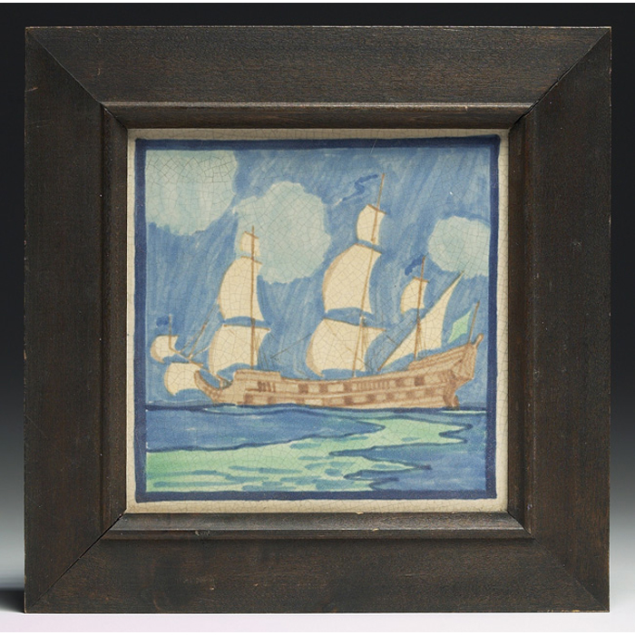 Appraisal: Marblehead tile colorful ship design impressed mark framed sq