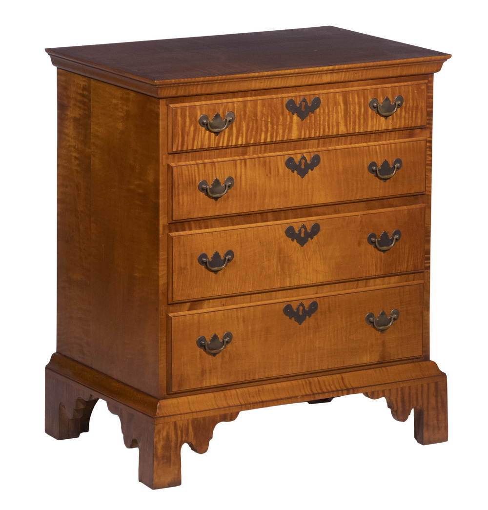 Appraisal: ELDRED WHEELER TIGER MAPLE CHEST Diminutive Chippendale Style Four-Drawer Chest