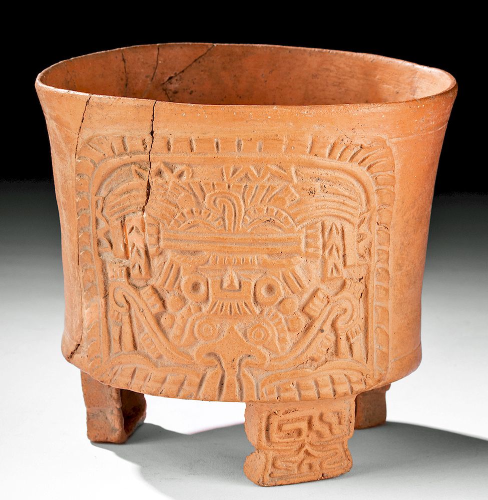 Appraisal: Maya Teotihuacan Pottery Tripod Jar Representing Tlaloc Pre-Columbian Maya-Teotihuacan Tiquisate