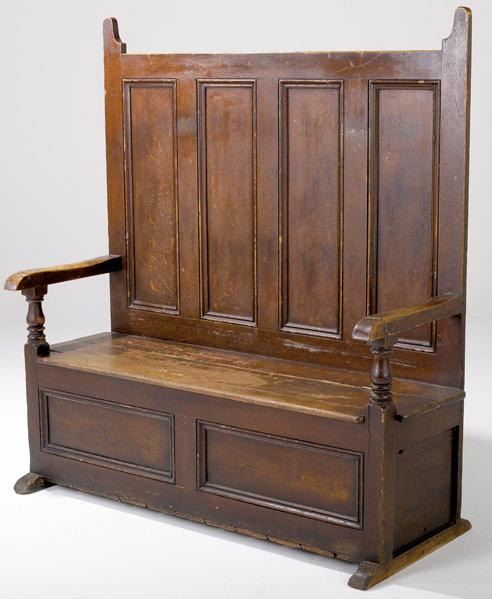 Appraisal: ENGLISH COUNTRY SETTLE BENCH In grain-painted pine with lift-top compartment