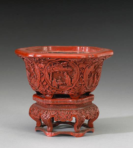 Appraisal: A cinnabar lacquer hexagonal cachepot and stand Late Qing Circa