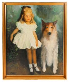 Appraisal: American School' Little Girl with Collie Oil American School Little