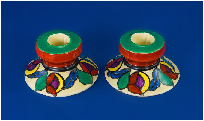 Appraisal: Pair of Clarice Cliff Squat Circular Chamber Candlesticks Circa -