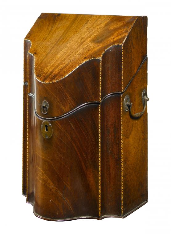 Appraisal: A GEORGE III MAHOGANY CUTLERY BOX with sloping lid and