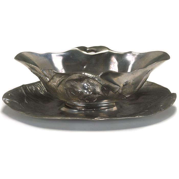 Appraisal: Art Nouveau bowl and tray hammered pewter with fish designs