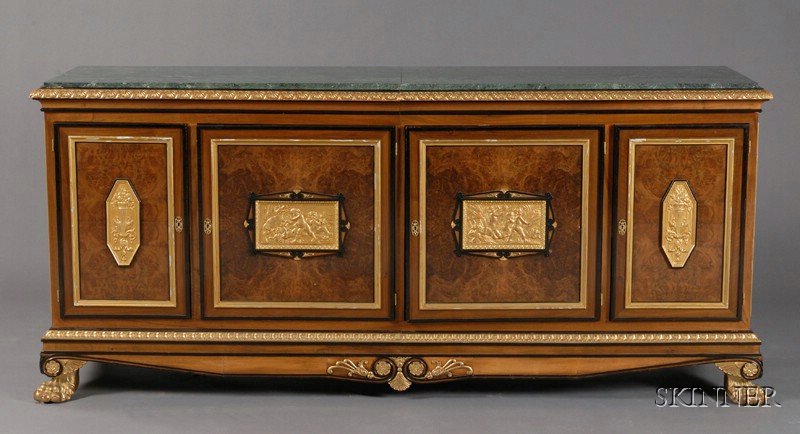 Appraisal: French Empire-style Walnut and Parcel-gilt Marble-top Sideboard th century two-part