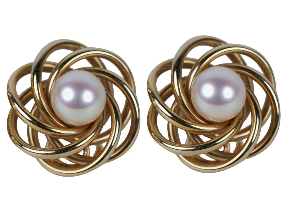 Appraisal: TIFFANY CO KARAT YELLOW GOLD PEARL EARCLIPScontaining two round white