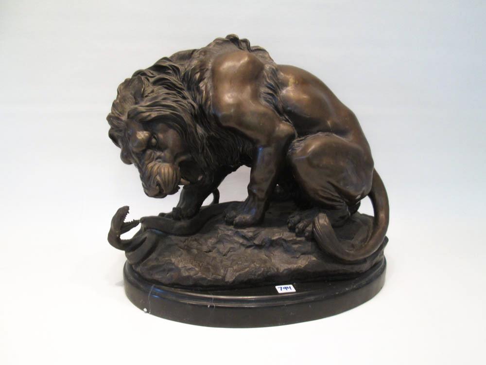 Appraisal: BRONZE SCULPTURE AFTER ANTOINE LOUIS BARYE French - Lion and