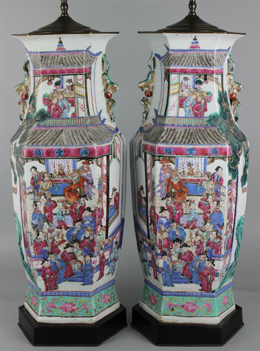 Appraisal: PAIR OF CHINESE LARGE FAMILLE ROSE BALUSTER VASES NOW LAMPED