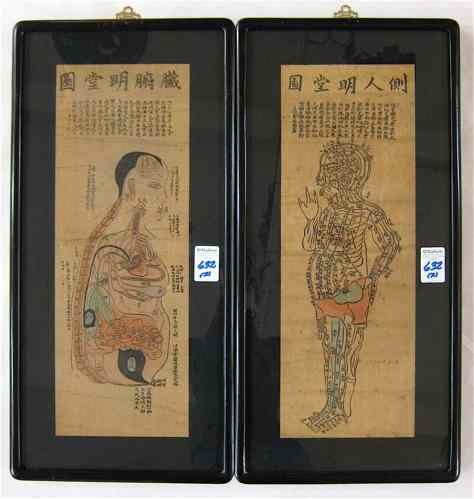 Appraisal: PAIR JAPANESE COLOR WOODCUTS the male and female bodies in