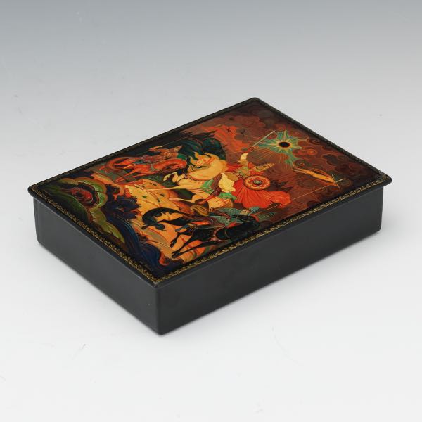 Appraisal: RUSSIAN LACQUER LIDDED BOX PRINCE IGOR KHOLUJ x x Traditional