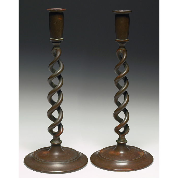 Appraisal: Arts Crafts candlesticks pair bronzed metal with a spiral stem