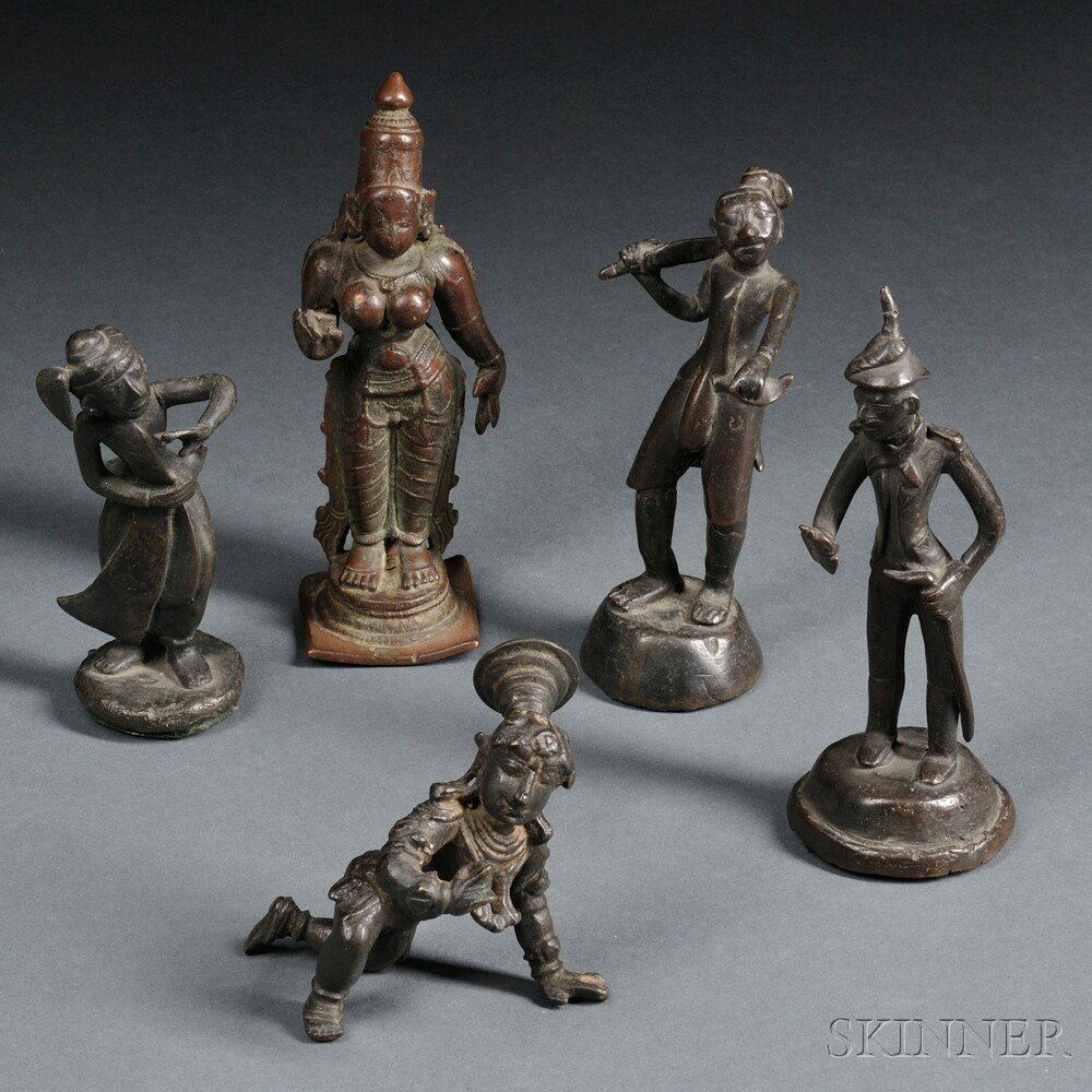 Appraisal: Five Metal Figures Nepal and India a standing figure of