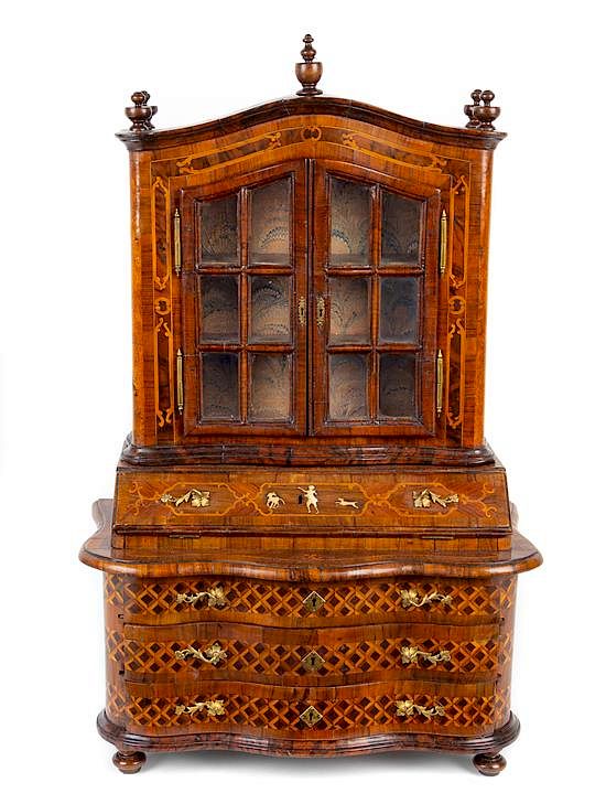 Appraisal: A Diminutive German Walnut and Marquetry Secretary Bookcase Height x