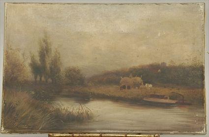 Appraisal: American School Harvest by the River Oil on Canvas Signed