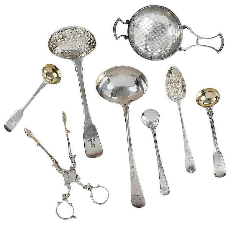 Appraisal: Pieces English Silver Flatware mostly th century including punch strainer