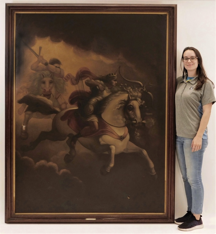 Appraisal: MONUMENTAL C CLASSICAL HORSE BATTLE PAINTING United States th CenturyDepicts