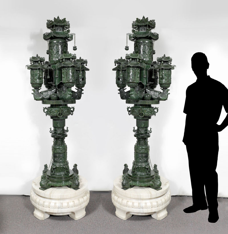 Appraisal: PAIR MONUMENTAL CARVED JADE TEMPLE GARDEN LANTERN Carved deep nephrite