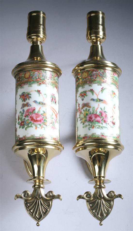 Appraisal: PAIR CHINESE FAMILLE ROSE PORCELAIN BRASS MOUNTED WALL SCONCES -