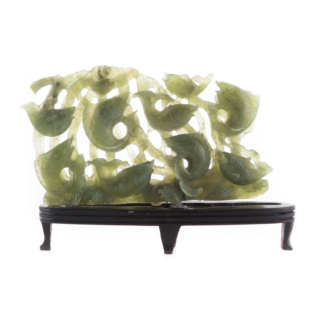 Appraisal: Chinese carved jade fish group nine fish among lotus in