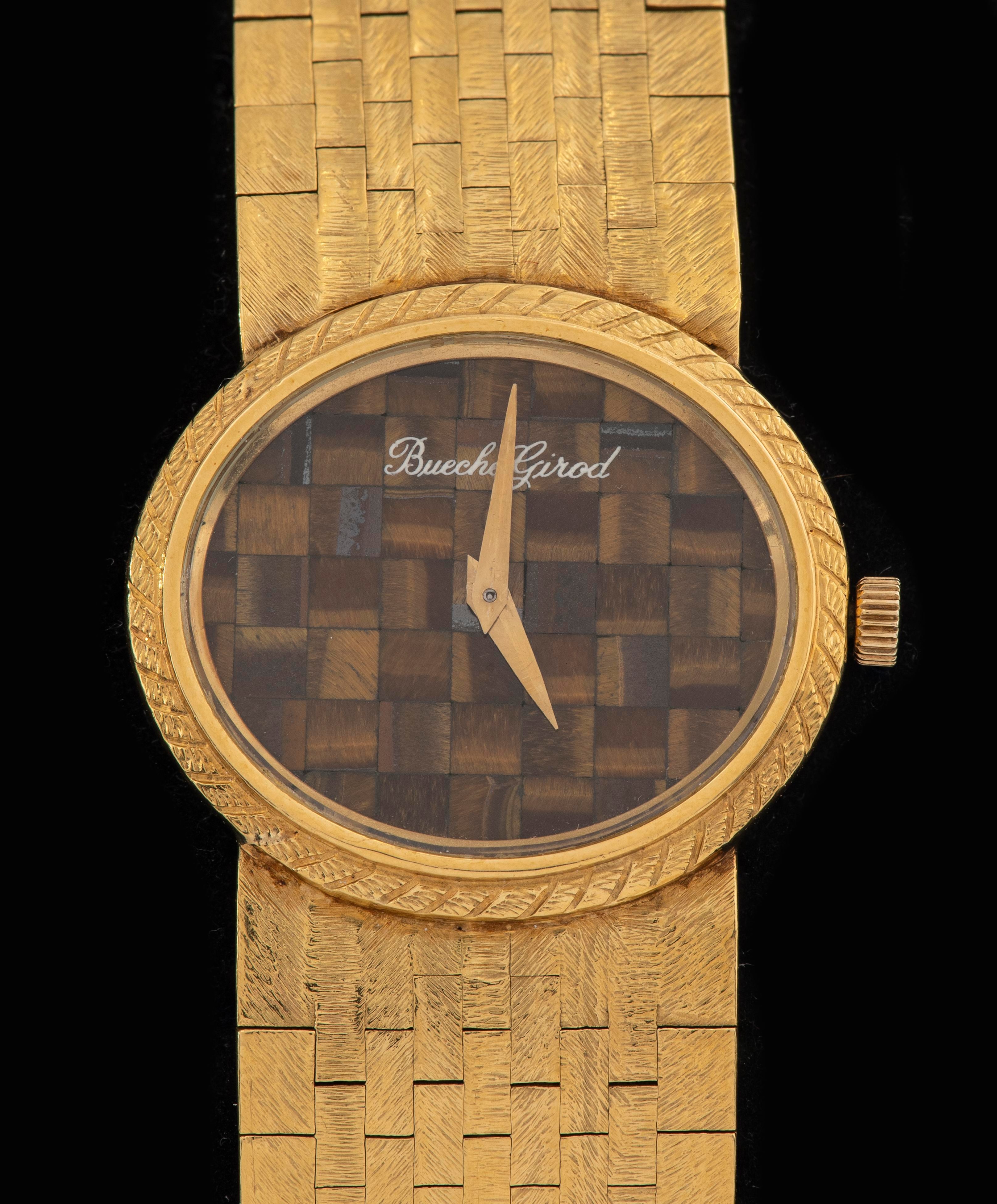 Appraisal: BUECHE-GIROD K YELLOW GOLD TIGER'S EYE WATCH Rare Bueche-Girod K