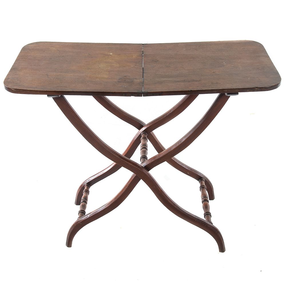 Appraisal: English Walnut Folding Campaign Style Table When open table measures