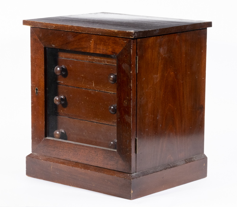 Appraisal: SMALL TABLE TOP CABINET Mahogany Four-Drawer Sewing or Collector Cabinet