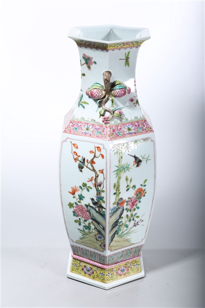 Appraisal: Tall Chinese enameled porcelain hexagonal vase depicting birds trees and