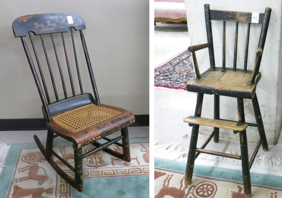 Appraisal: BOSTON SEWING ROCKER AND INFANT HIGHCHAIR American mid- th century