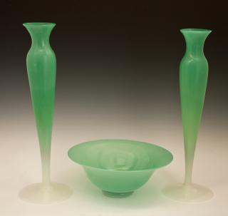 Appraisal: Steuben Green Jade and Alabaster Three Piece Garni Steuben Green