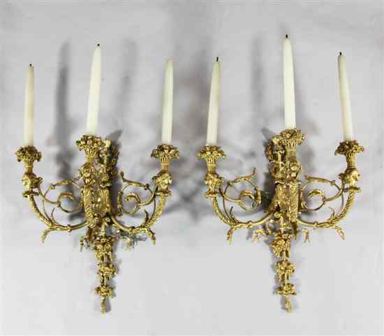 Appraisal: A pair of Louis XVI style gilt bronze triple branch