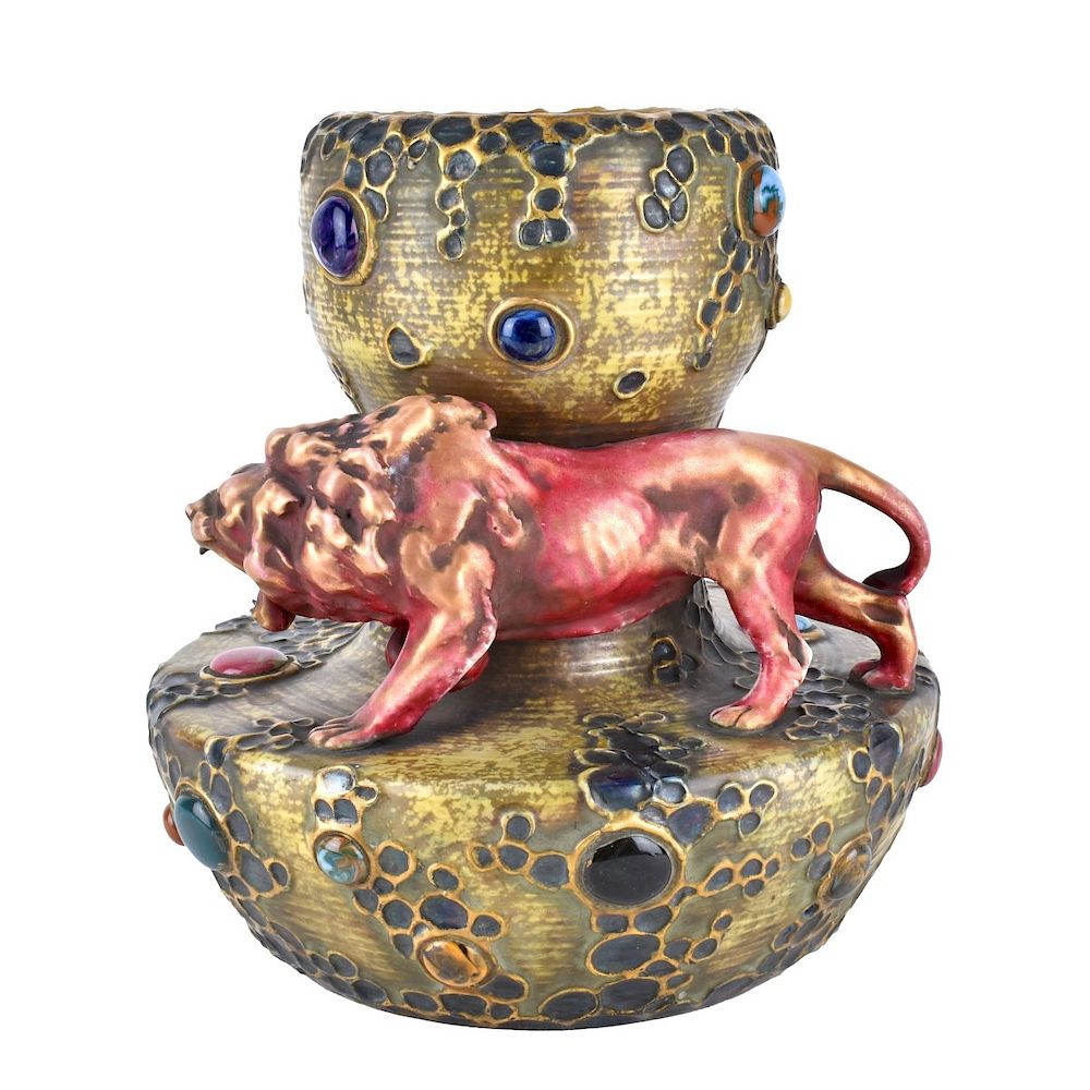 Appraisal: Werker Reissner Amphora Gres Bijou Vase with Lion Werker Reissner