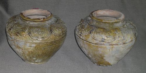 Appraisal: Pair of Ming Dynasty Ochre-Glazed Pottery Vases fourth quarter th