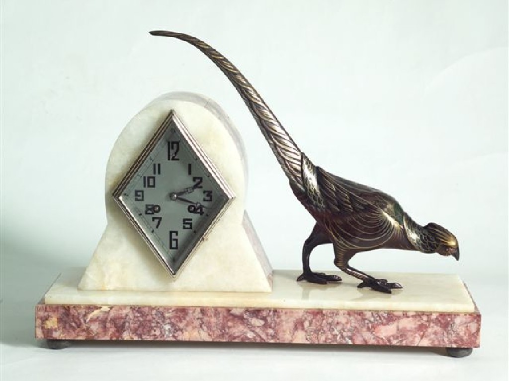 Appraisal: CONTINENTAL ART DECO MARBLE AND BRONZE MANTEL CLOCK with silvered