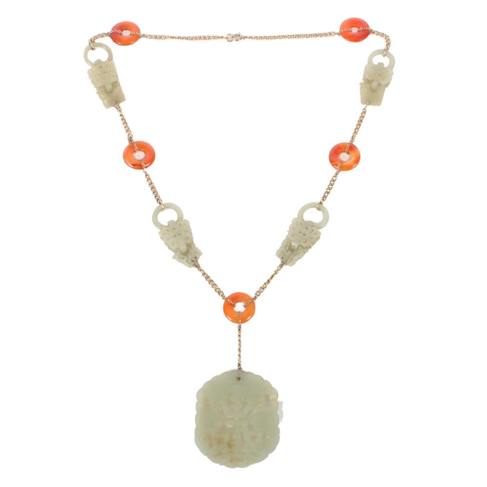 Appraisal: INTRICATELY CARVED JADE LINKED PANEL AND PENDANT NECKLACE L CHAIN