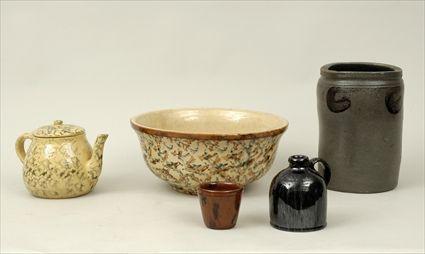 Appraisal: Five Pottery Articles Including a stoneware crock yellowware mixing bowl