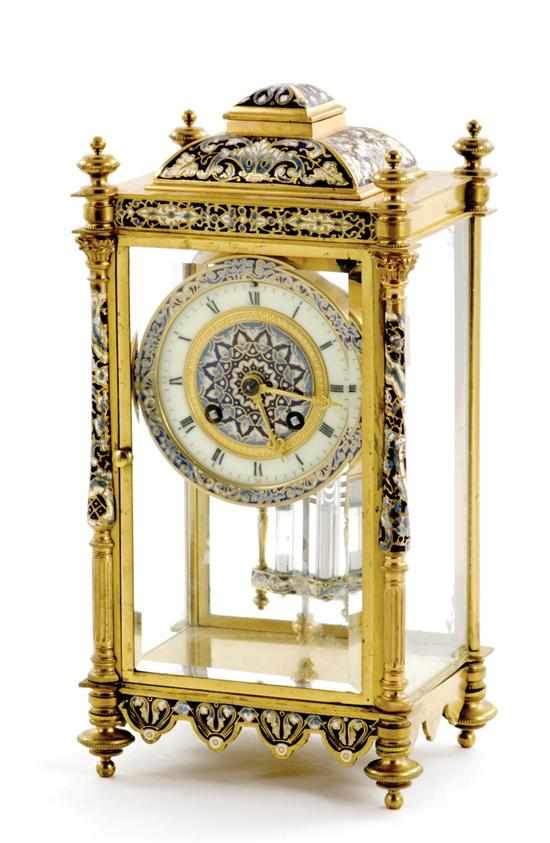 Appraisal: French brass and champleve crystal regulator clock retailed by J