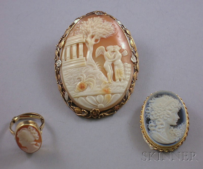 Appraisal: Three Cameo Jewelry Items including a large kt gold-framed shell-carved