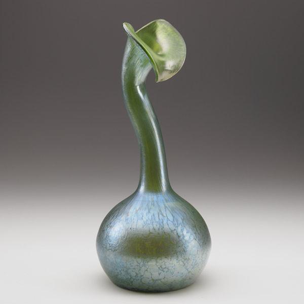 Appraisal: LOETZ Jack-in-the-Pulpit vase of green lustered glass with oil spot