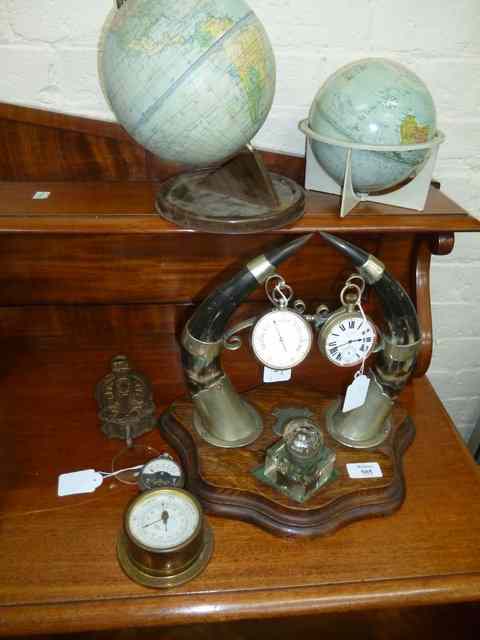 Appraisal: AN OAK DESK STAND with watch and barometer on silver