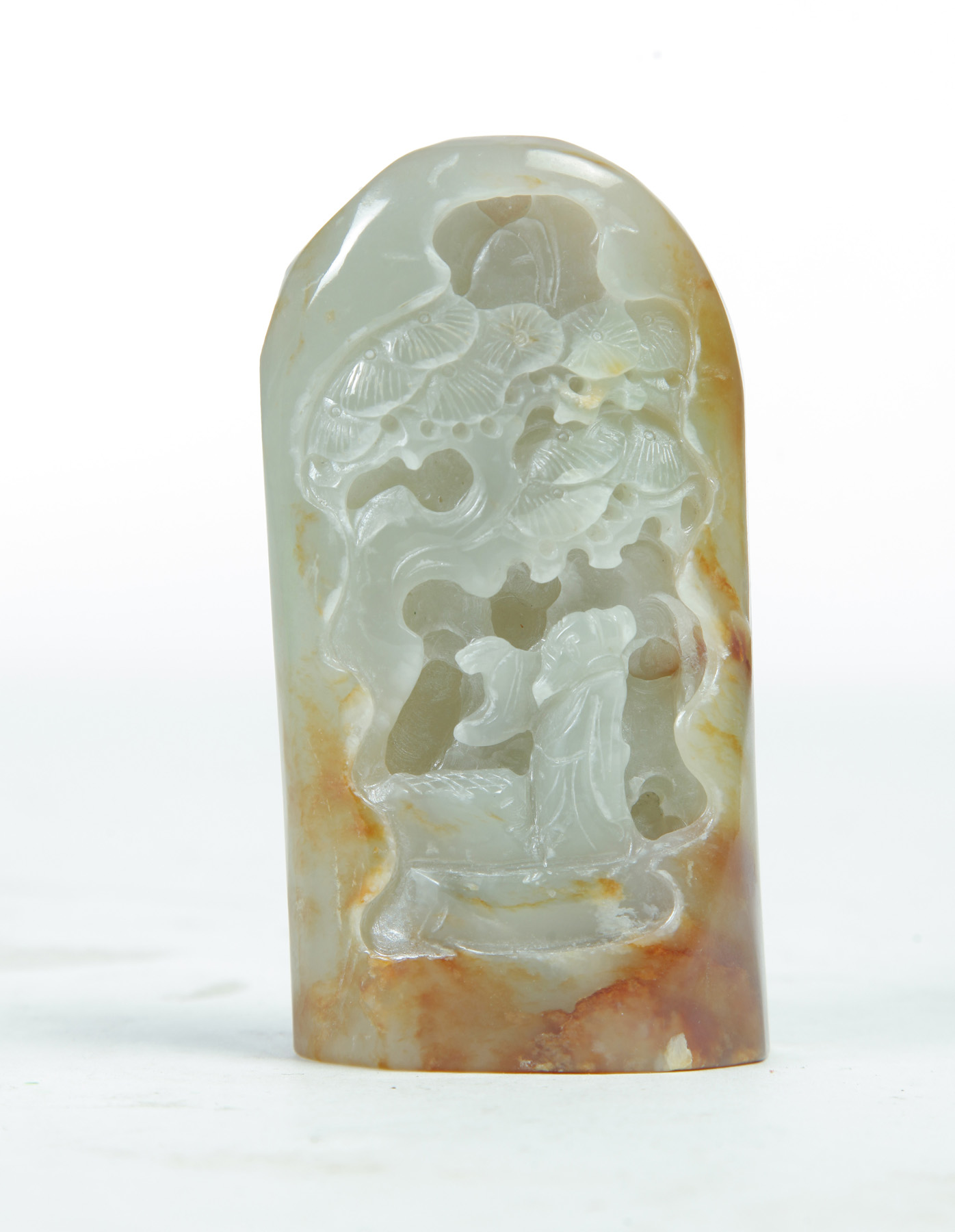 Appraisal: CHINESE JADEITE CARVING Twentieth century Pale stone with russet skin